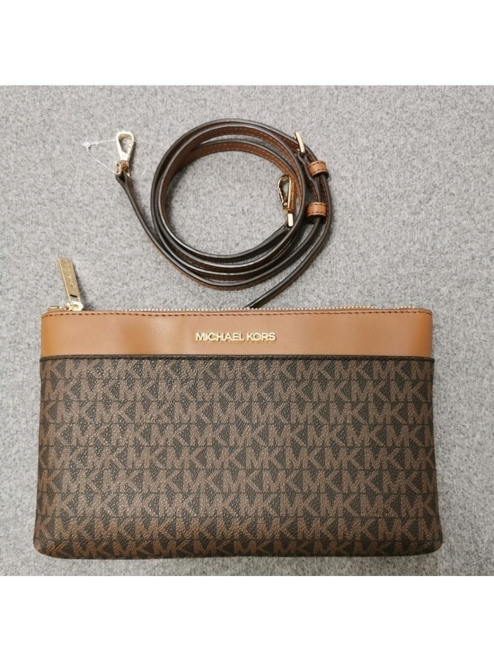 Michael Kors Brown Monogram Crossbody Zip Pouch Clutch Bag Gold Trim